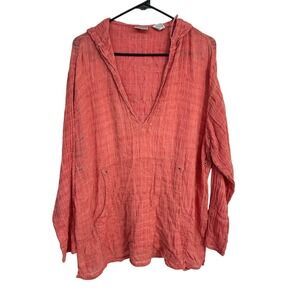 Chicos Linen Hooded Pullover Tunic Size 3 (XL) Coral Gauze Coastal Resort Top